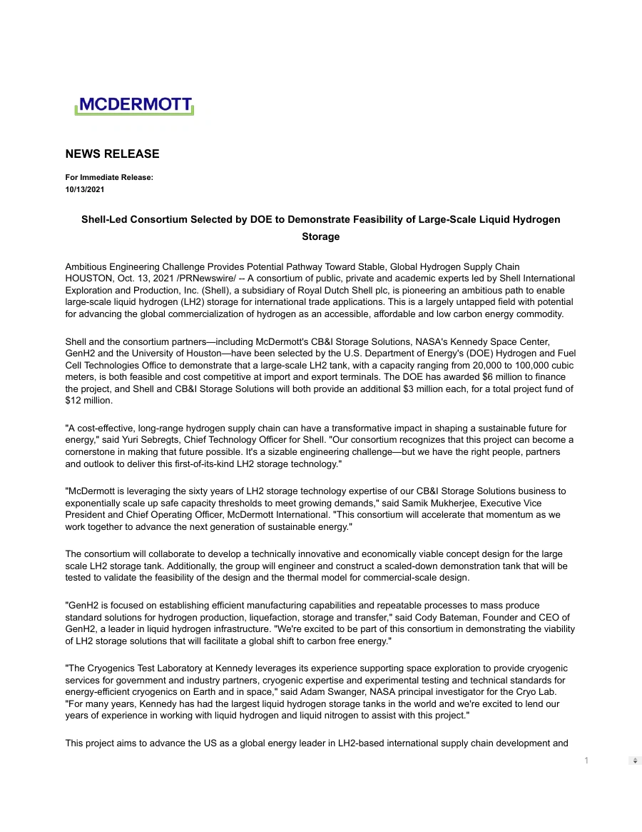 First page of the published Shell-led hydrogen consortium announcement