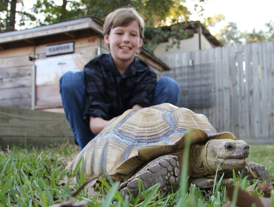 Travis Flatt smiling behind his pet tortoise Samson in the grass